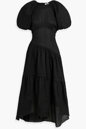 Frame Asymmetric gathered cotton-seersucker midi dress - - S