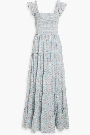 MIKAEL AGHAL Shirred floral-print broderie anglaise maxi dress - Blue - US 10