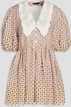 Maje Guipure lace-trimmed printed linen mini dress - - FR 40