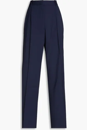 Frame Pleated stretch-wool crepe wide-leg pants - Blue - US 0