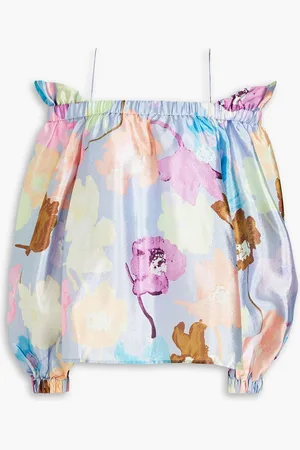 STINE GOYA Cold-shoulder ruffled floral-print crepon top - Blue - L