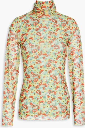 Ganni Floral-print stretch-mesh turtleneck top - - DE 40