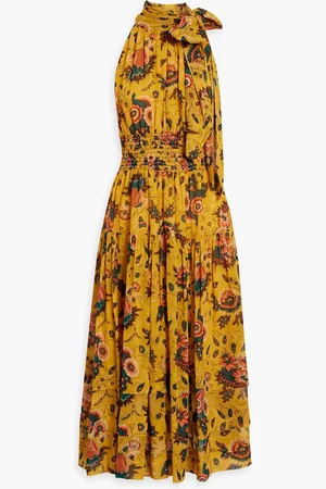 ULLA JOHNSON Maya shirred floral-print silk-chiffon midi dress - Yellow - US 10