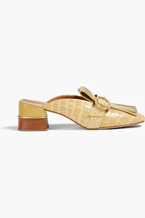 Tory Burch Kiltie buckled smooth and croc-effect leather mules - Yellow - US 6