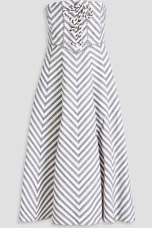 ZIMMERMANN Strapless lace-up herringbone cotton-blend midi dress - Blue - 0