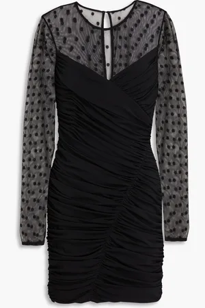 Halston Heritage Hilary tulle-paneled ruched polka-dot stretch-jersey mini dress - - US 4