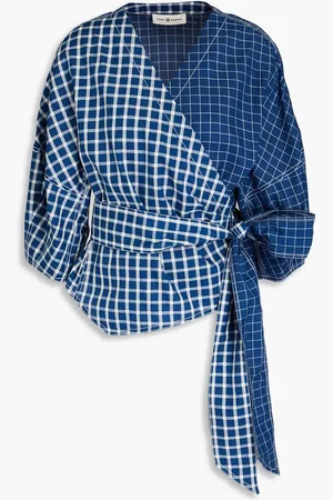 Tory Burch Checked silk wrap top - Blue - US 0