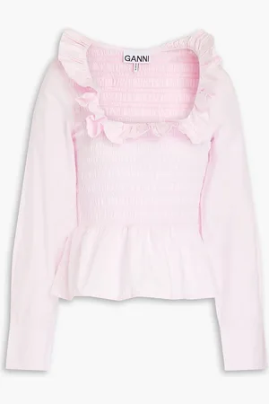 Ganni Smocked cotton-poplin blouse - Pink - DE 44