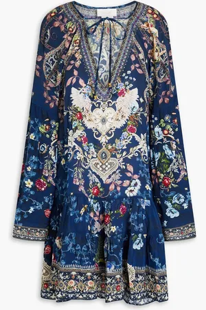 Camilla Crystal-embellished floral-print silk crepe de chine mini dress - Blue - XS