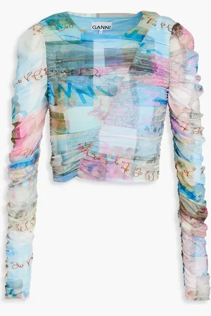 Ganni Cropped ruched printed stretch-mesh top - Blue - DE 32