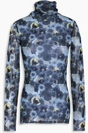 Ganni Floral-print stretch-mesh turtleneck top - Blue - DE 34