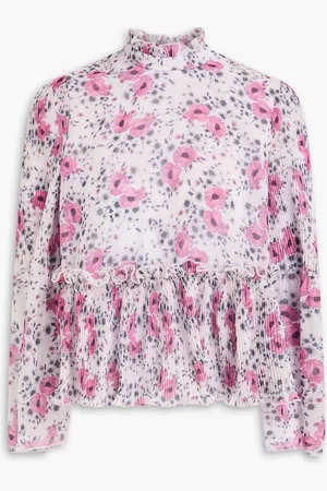 Ganni Floral-print plissé-georgette blouse - Pink - DE 32