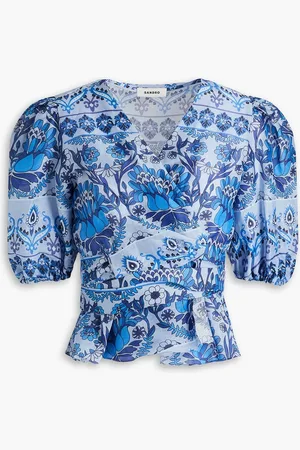 Sandro Printed linen-blend gauze wrap blouse - Blue - 0