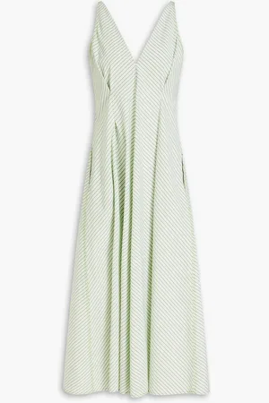 STINE GOYA Jayden pleated striped cotton-poplin midi dress - Green - M