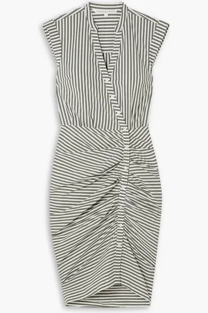 VERONICA BEARD Ruched striped cotton-blend poplin shirt dress - Green - US 2