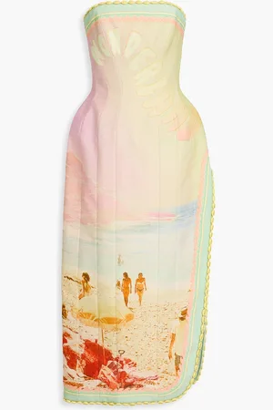ZIMMERMANN Strapless shell-embellished printed cotton and linen-blend midi dress - Green - 4