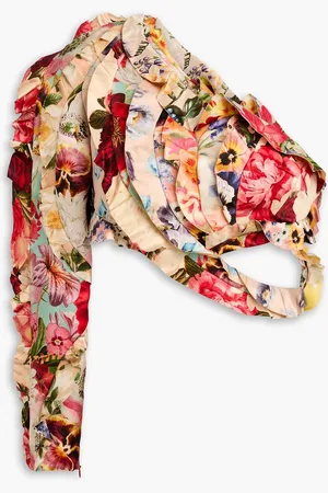 ZIMMERMANN One-shoulder cropped floral-print linen and silk-blend top - - 0