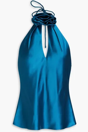 Nicholas Appliquéd satin halterneck top - Blue - US 4