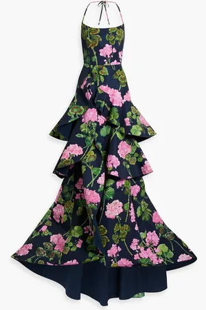 Oscar de la Renta Tiered floral-print faille halterneck gown - Blue - US 0