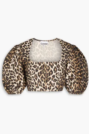 Ganni Cropped leopard-print cotton-poplin top - - DE 44