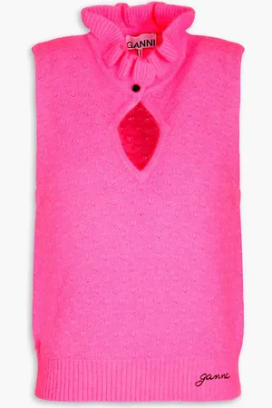 Ganni Cutout pointelle-knit turtleneck top - Pink - XL
