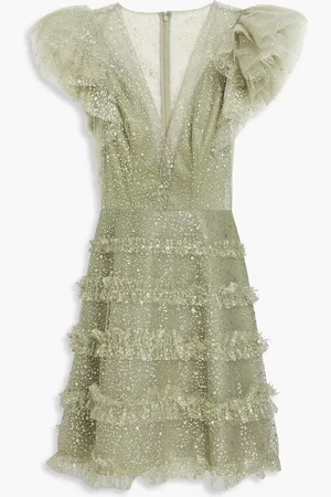 Costarellos Ruffled glittered tulle mini dress - Green - DE 40