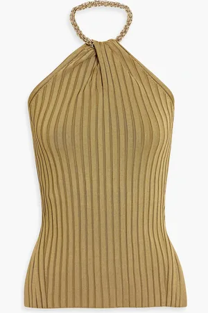 GALVAN Rhea chain-embellished ribbed-knit halterneck top - Green - M