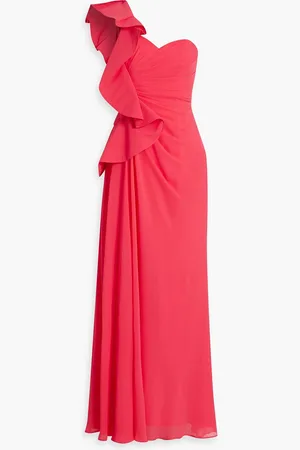 Badgley Mischka One-shoulder ruffled chiffon gown - Orange - US 8