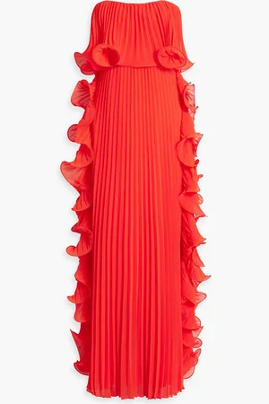 Badgley Mischka Strapless ruffled plissé-chiffon gown - Red - US 8