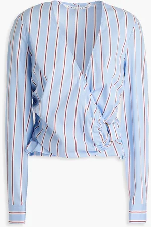 VERONICA BEARD Ozzie wrap-effect striped cotton-blend poplin top - Blue - US 0