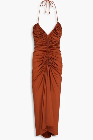 VERONICA BEARD Saskia ruched satin-jersey halterneck midi dress - Brown - US 2