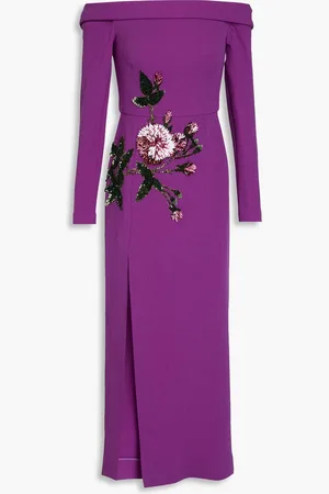 Oscar de la Renta Off-the-shoulder embellished wool-blend crepe midi dress - - US 0