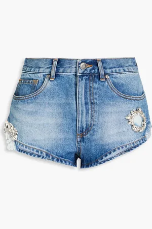 AREA Crystal-embellished distressed denim shorts - Blue - 28