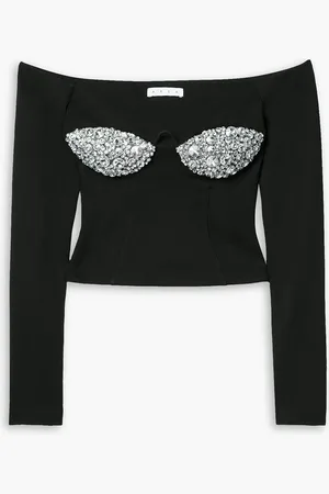 AREA Off-the-shoulder crystal-embellished ponte top - - S