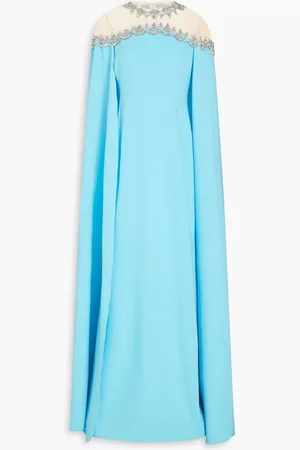 Oscar de la Renta Cape-effect embellished tulle-paneled silk-blend crepe gown - Blue - XS