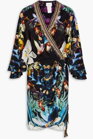 Camilla Crystal-embellished gathered floral-print silk crepe de chine mini wrap dress - - XXS