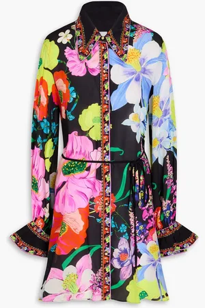 Camilla Crystal-embellished floral-print silk crepe de chine mini shirt dress - Blue - S