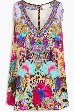 Camilla Crystal-embellished printed silk crepe de chine top - Blue - XS
