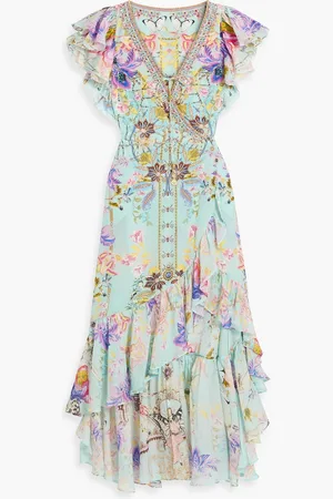 Camilla Crystal-embellished printed silk crepe de chine wrap dress - Blue - XS