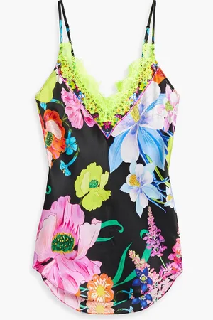 Camilla Lace-trimmed crystal-embellished printed silk camisole - Yellow - XS