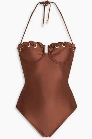 ZIMMERMANN Devi eyelet-embellished cutout underwired halterneck swimsuit - Brown - 1 A
