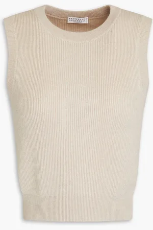 Brunello Cucinelli Cropped bead-embellished ribbed cashmere top - Neutral - XL
