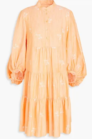 Erdem Winona tiered embroidered cotton-blend mini shirt dress - Orange - UK 10
