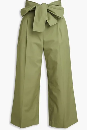 Carolina Herrera Tie-detailed cotton-blend wide-leg pants - Green - US 2