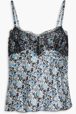 Sandro Floral-print satin-twill and corded lace camisole - Blue - 0