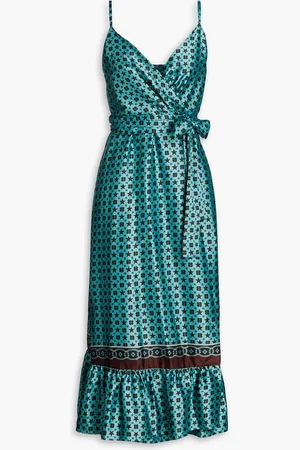 Sandro Pleated printed satin-twill midi wrap dress - Blue - FR 34