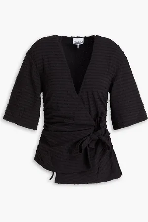 Ganni Ruched stretch-seersucker wrap top - - DE 32