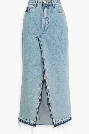 Ganni Distressed denim midi skirt - Blue - 31