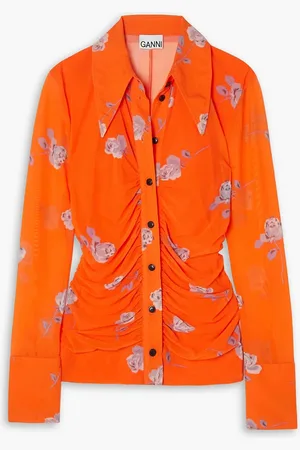 Ganni Ruched floral-print stretch -mesh shirt - Orange - DE 32