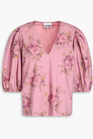 Ganni Floral-print cotton-poplin top - - DE 38